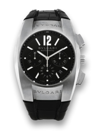 BULGARI - STEEL - AUTOMATIC - ERGON CHRONO.Bulgari, case No. D 4669, Ref. EG 40 S CH. Made circa 2005..Fine, tonneau-shaped, curved, water-resistant, stainless.steel wristwatch with date, square button chronograph.registers, and a stainless steel Bulgari 