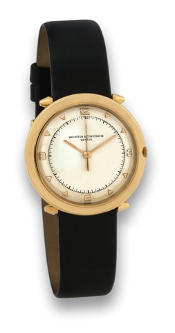 VACHERON CONSTANTIN.PINK GOLD - HOODED LUGS.Vacheron Constantin, Geneve, No. 523916, Ref. 1054..Made in the 1950's..Fine, center seconds, 18K pink gold wristwatch with hooded.bullet lugs.