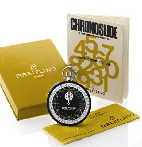 BREITLING _ POCKET CHRONOSLIDE.Breitling, Chronoslide, Swiss, No. 1192081, Ref. 1577 2/5..Made for timing and calculating. Sold on July 18, 1972..Fine and rare, nickel chromium one-minute flyback stopwatch.with 30-minute register, inner bidirectional beze