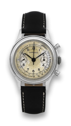 LONGINES _ CAL.13ZN - FLYBACK CHRONOGRAPH.PULSATIONS SCALE.Longines, movement No. 6187244. Made circa 1945..Fine and rare, stainless steel wristwatch with round button.flyback chronograph, register and pulsometer.
