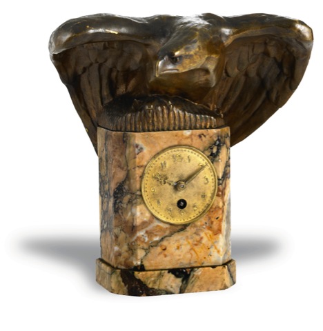 BRONZE EAGLE.Lenzkirch, Germany, eagle signed Podany, No. 612655..Circa 1910..Impressive bronze and granite mantle clock..To be sold without reserve