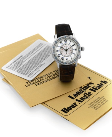 LINDBERGH 37 HOUR ANGLE WATCH.Longines, Lindbergh - Hour Angle Watch, Ref. 989. 5215.replica of the famous navigator's watch, invented by Col..Chas. A. Lindbergh and Longines in 1927, US Pat. 1923305..Made in 1987 to commemorate the 60th anniversary of.Li