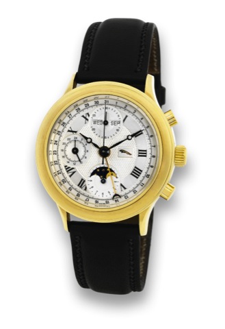 RGM FOR JAGUAR.TRIPLE CALENDAR CHRONOGRAPH.RGM, Ref. 101 M. Made for Jaguar in the 1990's..Fine, astronomic, self-winding, water-resistant, 18K yellow.gold wristwatch with round button chronograph, registers.triple date, 24 hour indication, moon phases an