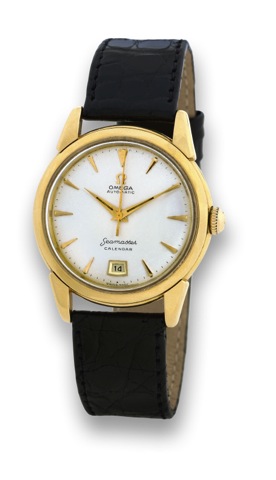 OMEGA - REF. 2627 - PINK GOLD.SEAMASTER CALENDAR.Omega, Seamaster, Calendar, movement No. 13008629.case No. 11141319, Ref. 2627 SC. Made in 1954..Fine, center seconds, self-winding, water-resistant, 18K pink.gold wristwatch with date.