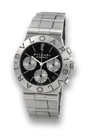 BULGARI - STEEL - CHRONOGRAPH.Bulgari, Automatic Chronograph, case No. L1645.Ref. CH 35 S. Made in the 1990's..Fine, self-winding, water-resistant, stainless steel wristwatch.with oval button chronograph, registers, date and a stainless.steel Bulgari link