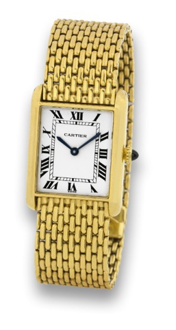 CARTIER - TANK - AUTOMATIC.Cartier, Tank, Automatic, case No. 8170002, Ref. 037..Made in the 1990's..Fine, rectangular, self-winding, 18K yellow gold wristwatch.with an 18K yellow gold Cartier mesh bracelet with deployant.clasp.