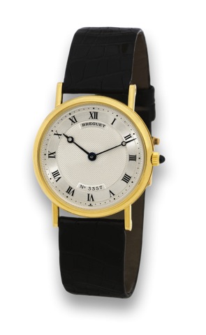 BREGUET - REF. 3500 - YELLOW GOLD.Breguet, No. 3357 E, Ref. 3500. Made circa 2000..Fine and elegant, thin, 18K yellow gold wristwatch with an.18K yellow gold Breguet buckle.