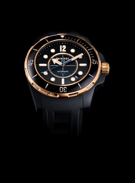 CHANEL, J12 Marine.for Only Watch.CHANEL, J12 Marine, Automatic 300M, unique.piece, Ref. OR 94588..Very fine and unique, center seconds, self-winding.water-resistant, 18K pink gold and ceramic.wristwatch with date and an 18K pink gold.CHANEL buckle. Accom