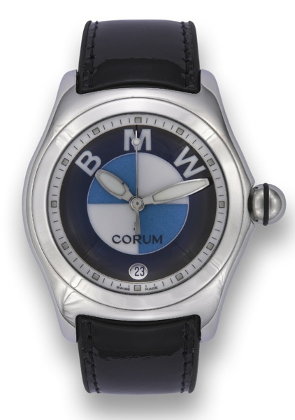 CORUM BUBBLE PROTOTYPE FOR BMW.Corum, Bubble case No. 693450, Ref. 163.150.20. Made circa 2000..Fine and unusual, center seconds, water-resistant, curved, stainless steel quartz wristwatch with date, thick domed.crystal creating a lens effect, and a stain
