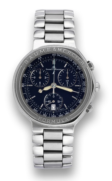 BAUME MERCIER, FORMULA S.Baume Mercier, Formula S, case No. 5024558, Ref. MV 04 FO 08. Made in the 2000's..Fine, chronograph, asymmetric, stainless steel quartz wristwatch Baume Mercier stainless steel bracelet with.deployant clasp. Accompanied by a