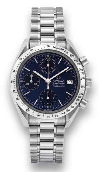 OMEGA SPEEDMASTER AUTOMATIC.Omega, Speedmaster Automatic, case No. 55700547.Ref. 3811.50. Made circa 1997..Fine, asymmetric, self-winding, water-resistant, stainless.steel wristwatch with round button chronograph, registers.tachometer, date and an Omega s