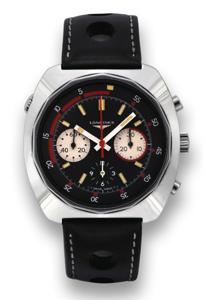 LONGINES DIVING CHRONOGRAPH.Longines, Swizterland, Ref. 8224-4. Made in 1969..Fine and unusual, water-resistant, large, tonneau-shaped.stainless steel wristwatch with round button chronograph.registers and inner revolving disc..To be sold without reserve