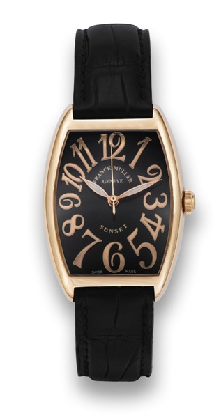 FRANCK MULLER, SUNSET PINK GOLD.Franck Muller, Cintree Curvex, Sunset, Ref. 2852SC.No. 258. Sold on 12, April, 2003..Fine and elegant, tonneau-shaped, center-seconds, selfwinding.18K pink gold wristwatch with 18K pink gold.Franck Muller buckle. Accompanie
