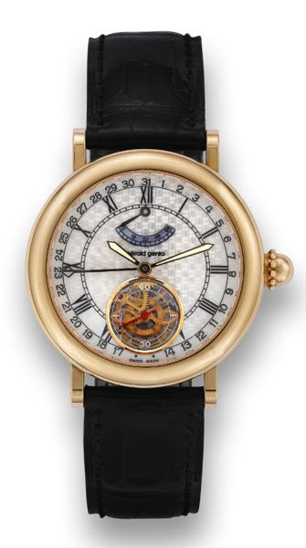 GERALD GENTA TOURBILLON DATE.G_rald Genta, Tourbillon - R_serve de marche, case.No. 87068, Ref. G 4066. Made in the 1990's..Very fine and rare, self-winding, water-resistant, 18K yellow.gold wristwatch with visible one-minute tourbillon regulator.power re
