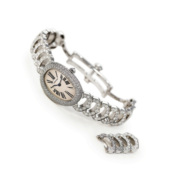 CARTIER BAIGNOIRE WHITE GOLD DIAMOND.Cartier Paris, case No.91180, Ref. 199740CD. Made in the 2000s..Very fine and elegant, oval, 18K white gold and diamond lady's.quartz wristwatch with an 18K white gold and diamond Cartier.fancy link bracelet with dou