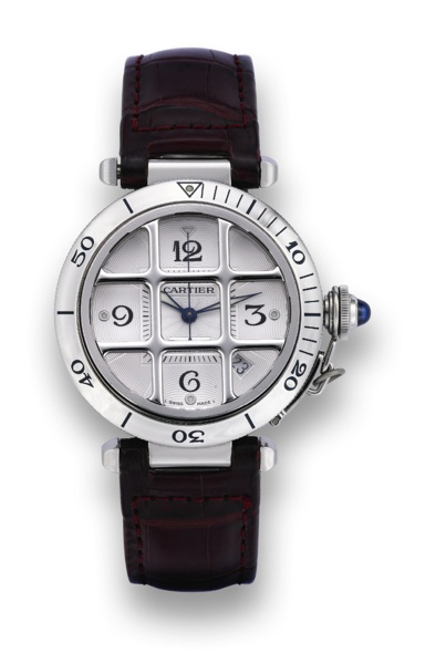 CARTIER PASHA GRILLE.Cartier,Pasha Grille, case No. 31527CD, Ref. 2379..Made circa 1999..Fine, center-seconds, self-winding, water-resistant.stainless steel wristwatch with date and a stainless steel.Cartier deployant clasp..To be sold without reserve