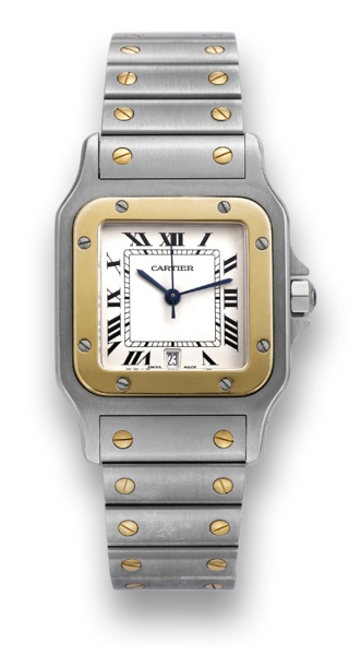 CARTIER SANTOS.Santos Carr_e Cartier, Santos Carr_e, Automatic, Ref..1566, case No.BB086334. Made in the 1990's..Fine, square, center seconds, water-resistant, stainless steel.and gold quartz wristwatch with date and an integrated.stainless steel and gold