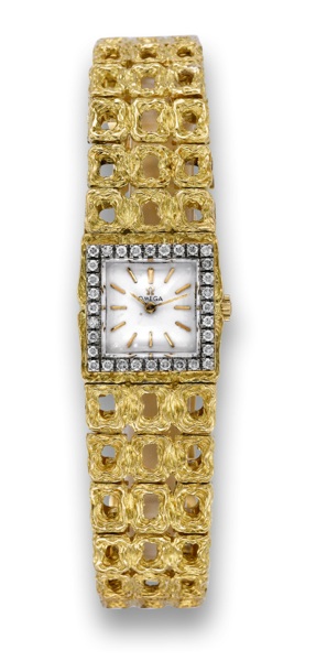 OMEGA MAILLES D'OR ET DIAMANTS.Omega, movement No. 204000064, case No. 572424.Ref. 8040. Made circa 1968..Very fine, rare and elegant, square, 18K yellow gold and.diamond-set lady's bracelet watch designed by Gilbert.Albert, integral 18K yellow gold brace