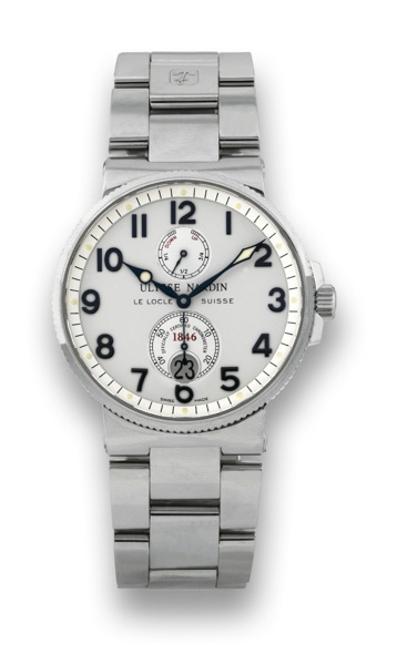 ULYSSE NARDIN MARINE CHRONOMETER.Ulysse Nardin, Le Locle, Suisse, Marine Chronometer 1846.Officially Certified Chronometer, movement.No. 026-072650, No. 8374, Ref. 263-66. Sold on October.2nd, 2008..Fine, self-winding, water-resistant, stainless steel chr