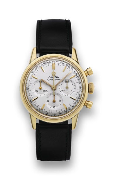 OMEGA SEAMASTER CHRONOGRAPH.YELLOW GOLD.Omega, No. 22082588, Ref. BD 105.004. Sold on April 6, 1965..Fine, water-resistant, 14K yellow gold wristwatch with round.button chronograph, registers, tachometer and an 14K gold.Omega buckle. This watch is sold wi