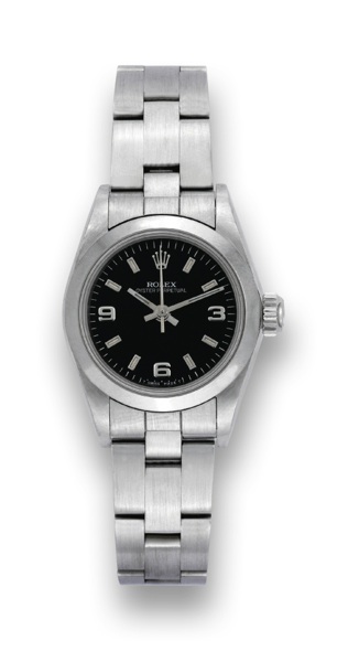 ROLEX REF. 67180, STAINLESS STEEL LADY.Rolex, Oyster Perpetual, case No. N528020, Ref. 67180..Made in 1992..Fine, tonneau-shaped, center seconds, self-winding, waterresistant.stainless steel lady's wristwatch with a stainless.steel Rolex Oyster bracelet..