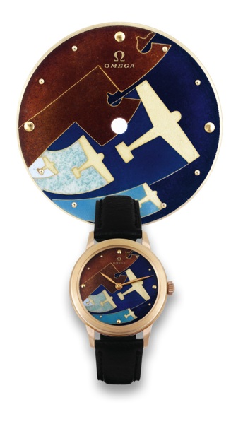 OMEGA CLOISONNE DIAL AIR FORCE.Omega, movement No. 13834284, case No. 11283234.Ref. OT2687. Made in December 1954..Fine and unusual, 18k pink gold wristwatch with later.customized enamel dial depicting airplanes in flight.