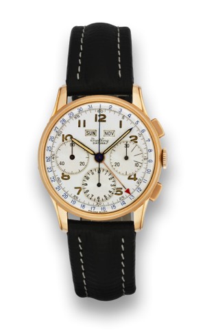 BREITLING, REF. 785, DATORA.Breitling, Datora, case No. 705526.Ref. 785. Made circa in 1952..Fine, 18K pink gold wristwatch with.square button chronograph, registers.and triple date.