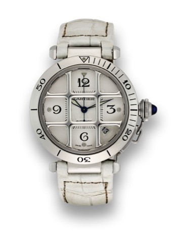 CARTIER, REF. 2379.PASHA GRILLE.Cartier, Pasha Grille, case No..61876CD, Ref. 2379. Made circa 2000..Fine, center-seconds, self-winding.water-resistant stainless steel wristwatch.with date and a stainless steel Cartier.deployant clasp.