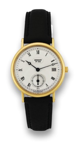BREGUET, REF. 5920, CLASSIC.AUTOMATIC, YELLOW GOLD.Breguet, No. 343, Ref. 5920. Made.circa 2006..Very fine, self-winding, 18K yellow gold.wristwatch with date and an 18K yellow.gold Breguet buckle.