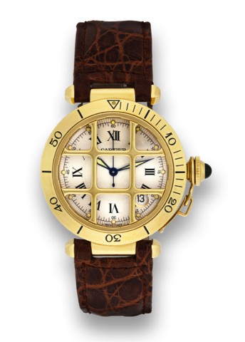 CARTIER, REF. 1021.PASHA GRILLE.Cartier, Pasha Grille Automatic, case.No. CC81510, Ref. 1021..Very fine and rare, center seconds, selfwinding.water-resistant, 18k yellow gold.wristwatch with date and an 18 K yellow.gold Cartier buckle.