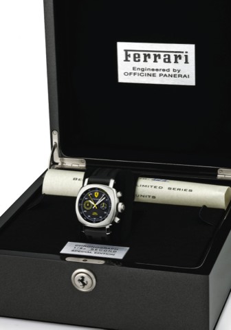 FERRARI, REF. F 6745, 1/8TH SECOND.CHRONOGRAPH ENGINEERED BY PANERAI, FER 00025.Ferrari - Engineered by Officine Panerai, Chronograph.Automatic, No. FC 121/300, case No. BB 1336664.Ref. F 6745. Made in a limited series of 300 pieces in 2007..Fine, cushion