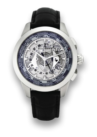 VILLEMONT, LES HEURES DU MONDE.Villemont, Les Heures du Monde - Wings Bridges, No. 83/88, case No. 90229. Made in a limited series.of 88 examples in 2008..Fine, large, water resistant, self-winding, center seconds, stainless steel skeleton wristwatch with