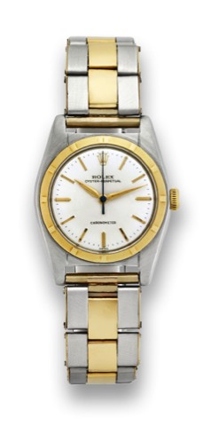 ROLEX, REF.5011.BUBBLE BACK.Rolex, Oyster Perpetual, Chronometer.case No. 631470, Ref. 5011. Made.in 1960..Fine and rare, tonneau-shaped, center.seconds, self-winding, water-resistant.stainless steel and yellow gold.wristwatch with a stainless steel and.y