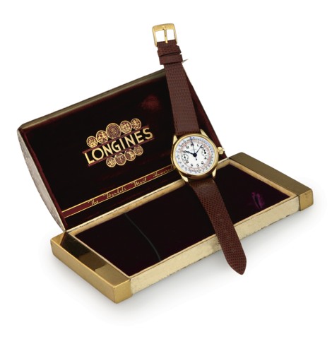 LONGINES MONOPUSSOIR CHRONOGRAPH 9.GRAND PRIX.Longines, movement No. 4774149, case No. 4774149. Made.in the 1930's..Very fine, 18K yellow gold wristwatch with single button.chronograph, register and three different tachometer scales..Accompanied by fitted