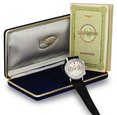 LONGINES CAL. 30CH RETOUR EN VOL.CHRONOGRAPH.Longines, movement No. 13333063, Ref. 7412-3, sold on.February 14th, 1968..Fine stainless steel wristwatch with square button Retour.en Vol chronograph, register, tachometer, telemeter and a.stainless steel Lon