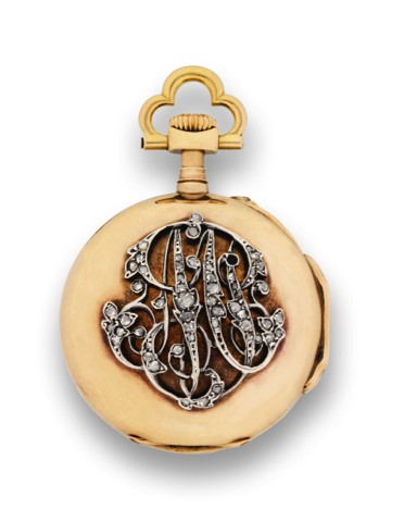 SANDOZ DIAMOND MONOGRAM.Gustave Sandoz, Horloger de la Marine, Palais Royal, 146-147-148, Paris..No. 9507. Made circa 1880..Fine, Louis XV-style, 18K gold and rose-cut diamond-set, lady
