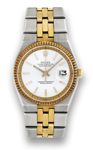 ROLEX, REF. 1630, STEEL GOLD, DATEJUST.Rolex, Oyster Perpetual, Datejust, Superlative Chronometer.Officially Certified, case No. 4055426, Ref. 1630. Made.in 1975..Fine and rare, tonneau-shaped, center seconds, self-winding.water-resistant, stainless ste