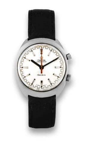 OMEGA REF. 145.009 CHRONOSTOP.Omega Chronostop, No. 27725711, ref.145.009. Produced.circa 1968..Fine water resistant, tonneau-shaped, stainless steel.gentleman's wristwatch with round button chronograph and.date, with original steel Omega buckle..To be so