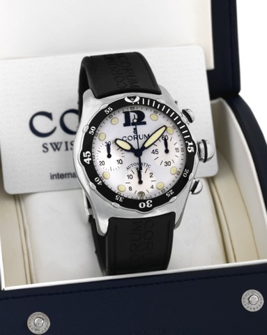 CORUM REF. 285.180.20 BUBBLE DIVER CHRONO.Corum, Bubble Diver Chrono, Automatic, case.No. 758592, Ref. 285.180.20, sold in December, 2000..Fine, curved, domed, self-winding, water-resistant, rubbercoated.stainless steel wristwatch with round button chrono