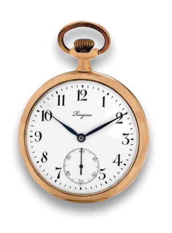 LONGINES GOLD OPEN FACE.Longines, Swiss, No. 2326077. Made circa 1920..Fine, 18k pink gold open-face keyless pocket watch with.enamel dial..To be sold without reserve