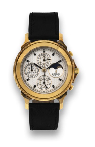 CORUM PERPETUAL TEMPS MECHANIQUE.NO. 32/100.Corum, case No. 463735, Ref. 83.111.56. No. 32/100 A..Made in a limited edition of 100 pieces in the early 1990s..Very fine, astronomic, self-winding, water-resistant, 18k yellow.gold wristwatch with round butto
