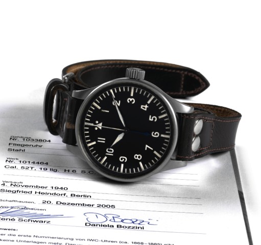 IWC, REF. 431, B UHR, WORLD WAR II, GERMAN AIR FORCE (LUFTWAFFE).International Watch Co., movement No. 1014464, case No. 1033804, Ref. 431, request No. FL 23883. Made in 1940 for the.German Air Force..Very fine and extremely rare, oversized, center second