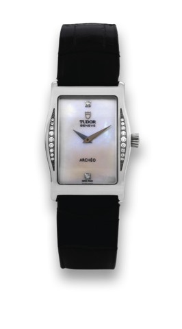 TUDOR ARCHEO STEEL AND DIAMONDS..Tudor, Geneve, Archeo, case No.788844, Ref. 30220. Sold.on October 17th, 2005..Fine, stainless steel and diamond quartz wristwatch with a.stainless steel Tudor deployant clasp. Accompanied by the.guarantee.