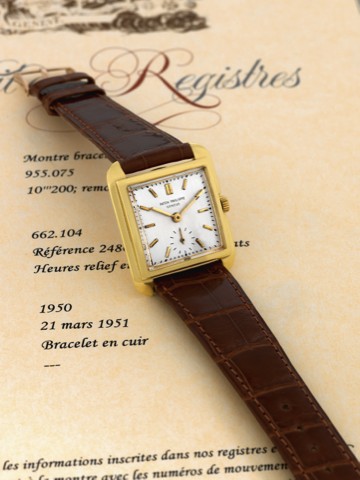 PATEK PHILIPPE, REF. 2486, YELLOW GOLD..Patek Philippe, Geneve, movement No. 955075, case.No. 662104, Ref. 2486. Sold on March 21st, 1951..Fine and rare, square, 18K yellow gold wristwatch with an.18K pink gold Patek Philippe buckle. Accompanied by the.Ex