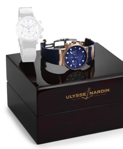 ULYSSE NARDIN REF. 356-68LE-3 BLUE SEAL MAXI.MARINE CHRONOGRAPH PINK GOLD.Ulysse Nardin, Blue Seal Maxi Marine Chronograph, No. 203.Ref. 356-68LE-3. Made in a limited edition of 999 and sold on.September 30, 2010..Fine, self-winding, water-resistant, 18K 