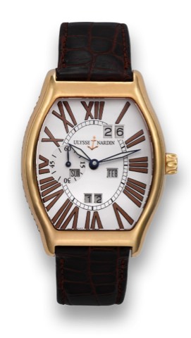 ULYSSE NARDIN REF. 336-48 LUDOVICO.PERPETUAL CALENDAR YELLOW GOLD.Ulysse Nardin, Ludovico Perpetual Calendar, No. 105, Ref..336-48. Made circa 2002..Fine, tonneau-shaped, curved, self-winding, water-resistant.18K yellow gold wristwatch with perpetual cale