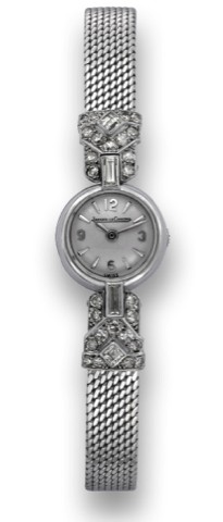 JAEGER LECOULTRE PLATINUM DIAMOND.Jaeger-LeCoultre, No. 20764. Made in the 1960s.Fine and elegant, platinum and diamond lady's wristwatch with backwind and integral 18K white gold mesh.bracelet. Accompanied by a fitted Box.