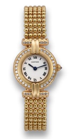 CARTIER RIVOLI YELLOW GOLD DIAMONDS.Cartier Paris, Rivoli, case No. 19801, Ref. W25029B601. Made.circa 1994, sold on July 1, 1994..Very fine and unusual, round, 18K yellow gold and diamond.lady's quartz wristwatch with an 18K yellow gold Cartier.fancy b