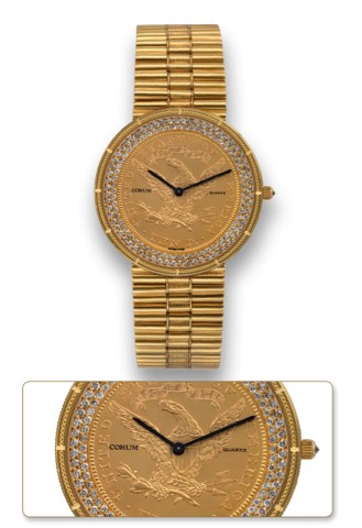 CORUM TWENTY DOLLAR COIN WATCH.Corum, No. 324449, case No. 494197. Made in the 1990's..Fine, 18K yellow gold and diamond quartz wristwatch.inserted in a $20 US gold coin dated 1895 with an integral.18K yellow gold Corum tubular link bracelet with double.d