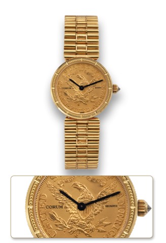 CORUM FIVE DOLLAR COIN WATCH.Corum, No. 207946, case No. 358901. Made in the 1990's..Fine, 18K yellow gold quartz wristwatch inserted in a $5 US.gold coin dated 1895 with an integral 18K yellow gold Corum.tubular link bracelet with double deployant clasp.